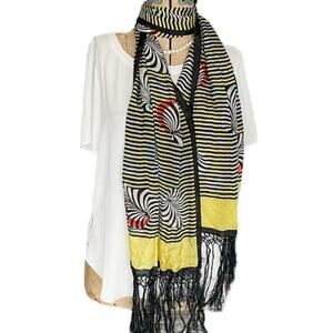 Vintage Carol Stanley 100% silk pop art 3D optical illusion fringed scarf/wrap